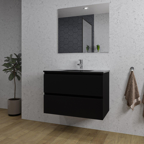 Saniclass Chaci Meuble de salle de bain - 80x46x55cm - lavabo en céramique noir - 1 vasque - 1 trou de robinet - 2 tiroirs - miroir rectangulaire - noir mat SW816551