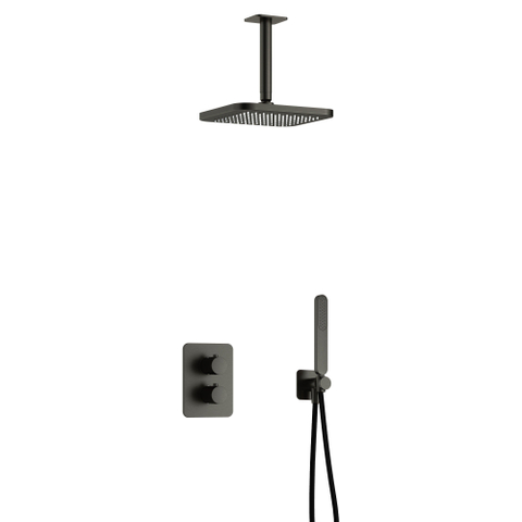 Hotbath Gal IBS40A Ensemble de douche - encastré - pomme de douche rectangulaire 22 cm - bras de plafond 15 cm - douchette barre - PVD gunmetal brossé SW656149