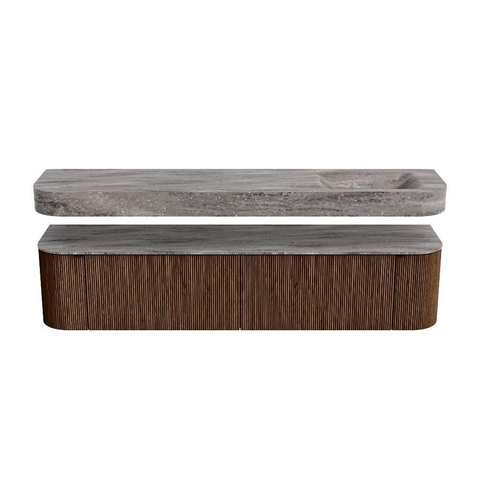 MONDIAZ THOR-DLUX 200cm meuble de salle de bains arrondi gauche + droite couleur Walnut avec 2 tiroirs et 2 portes. Vasque suspendue CLOUD Droite sans trou de robinet couleur Oza. SW1467718