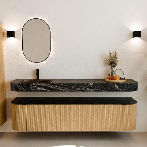 MONDIAZ THOR-DLUX Meuble de salle de bains 190cm arrondi gauche + droite couleur Oak avec 2 tiroirs et 2 portes. Vasque suspendue CLOUD Gauche 1 trou de robinet couleur Lava. SW1466369