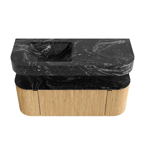 MONDIAZ THOR-DLUX 120cm meuble de salle de bains arrondi gauche + droite couleur Oak avec 1 tiroir et 2 portes. Vasque suspendue CLOUD Gauche sans trou de robinet couleur Lava. SW1463089