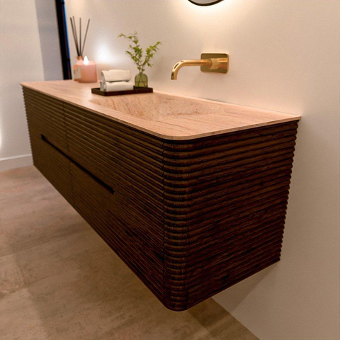 Mondiaz CIRO-DLUX Meuble de salle de bains - 160x45x50cm - Plan vasque Solid surface Saba - 1 vasque à droite - sans trous de robinetterie - 4 tiroirs - Noyer SW1530727
