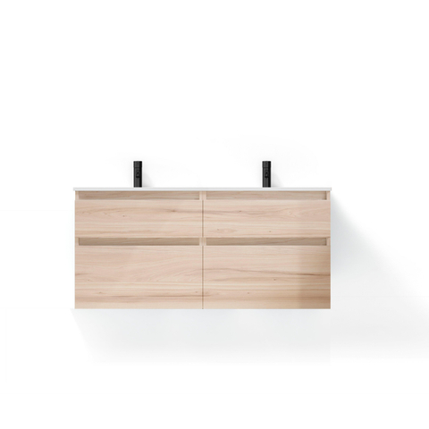 Saniclass Prime Vita Meuble de salle de bain - 140x46x60cm - lavabo en céramique brillant blanc - 2 vasques - 2 trous de robinet - 4 tiroirs - chêne clair SW1439494