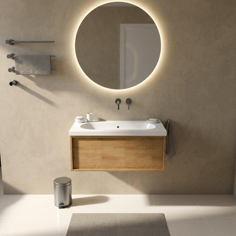 Saniclass Holz Frame Badkamermeubelset - 100x45x43.5cm - Palermo keramische wastafel wit - 1 wasbak - zonder kraangat - 1 lade - mat eiken natural (hout) SW1478608