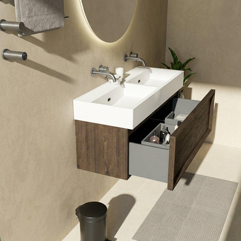 Saniclass Holz Frame Badkamermeubelset - 120x45x52cm - Legend keramische wastafel mat wit - 2 wasbakken - zonder kraangaten - 1 lade - mat charcoal (hout) SW1596148