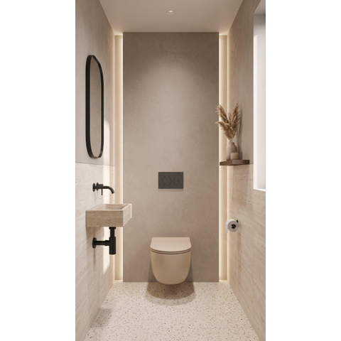 QeramiQ Dely Swirl Ensemble de WC - réservoir encastré Qeramiq Flush - abattant slim - plaque de commande en pierre naturelle marbre foncé - boutons ronds - beige SW1578383