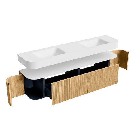 MONDIAZ THOR 190cm meuble de salle de bains arrondi gauche + droite couleur Oak avec 2 tiroirs et 2 portes. Vasque suspendue CLOUD Double sans trou de robinet couleur Talc. SW1466340