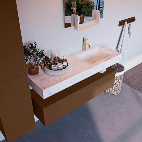 Mondiaz ALAN-DLUX Ensemble de meuble - 130cm - meuble Rust mat - 1 tiroir - Lavabo Cloud Ostra suspendu - vasque droite - 1 trou de robinet SW807521