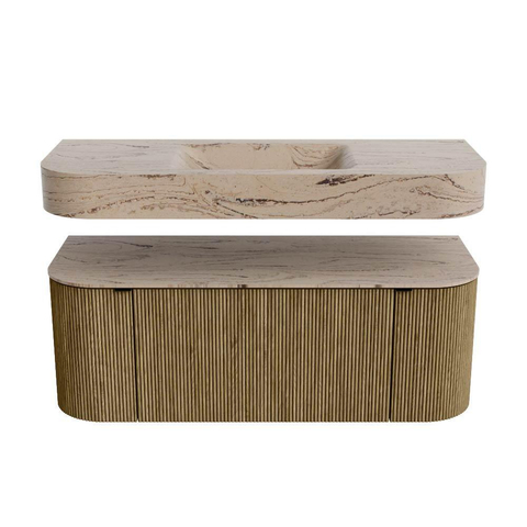 MONDIAZ THOR-DLUX 120cm meuble de salle de bains arrondi gauche + droite couleur Dusk avec 1 tiroir et 2 portes. Vasque suspendue CLOUD Milieu sans trou de robinet couleur Arena. SW1463386