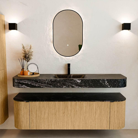 MONDIAZ THOR-DLUX 160cm meuble de salle de bains arrondi gauche + droite couleur Oak avec 1 tiroir et 2 portes. Vasque suspendue CLOUD Centre 1 trou de robinet couleur Lava. SW1464977
