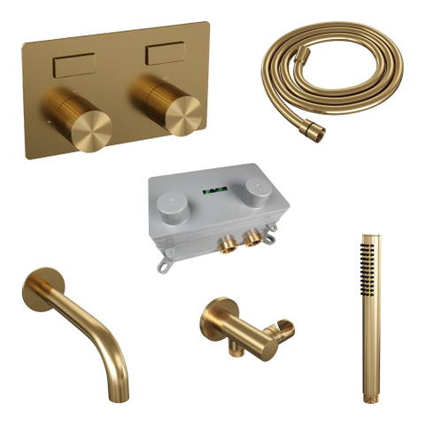 BRAUER Stripe Mitigeur thermostatique de baignoire - boutons-poussoirs - SET 03 - encastré - bec - douchette à main - flexible de douche - coude mural - PVD or brossé mat SW1434830
