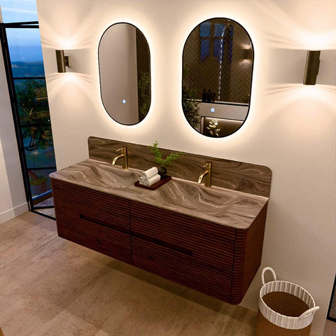 Mondiaz CIRO-DLUX Meuble de salle de bains - 150x45x50cm - Plan vasque solid surface Sombra - 2 bacs Double - 2 trous de robinet - 4 tiroirs - Ruby SW1531962