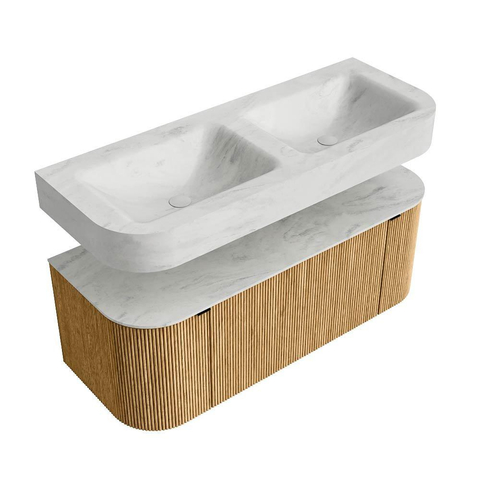 MONDIAZ THOR-DLUX 120cm badmeubel ronding links + rechts kleur Oak met 1 lade en 2 deuren. Vrijhangende wastafel CLOUD Dubbel 2 kraangaten kleur Opalo. SW1463124