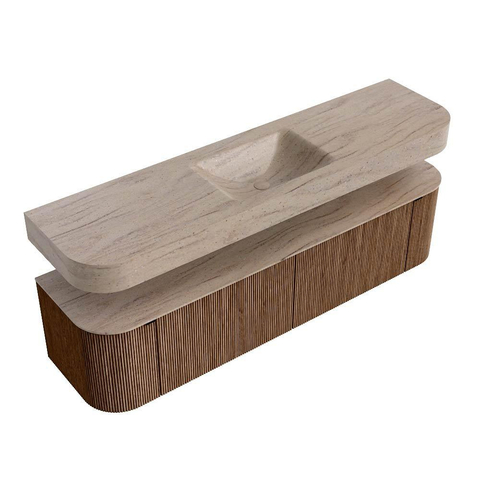 MONDIAZ THOR-DLUX 180cm badmeubel ronding links + rechts kleur Walnut met 2 lades en 2 deuren. Vrijhangende wastafel CLOUD Midden zonder kraangat kleur Saba. SW1466242