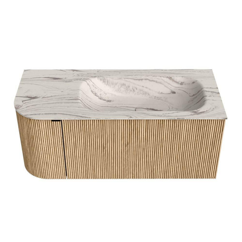 MONDIAZ KURVE-DLUX 105cm badmeubel ronding Links kleur Oak met 1 lade en 1 deur. Wastafel BIG SMALL Rechts 1 kraangat Nata. SW1432081