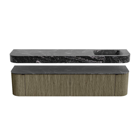 MONDIAZ THOR-DLUX 200cm meuble de salle de bains arrondi gauche + droite couleur Shadow avec 2 tiroirs et 2 portes. Vasque suspendue CLOUD droite sans trou de robinet couleur Lava. SW1467028