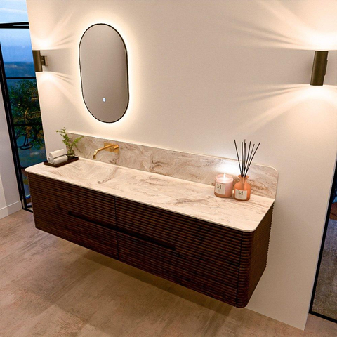 Mondiaz CIRO-DLUX Badkamermeubelset - 180x45x50cm - Solid surface wastafel Frappe - 1 wasbak Links - zonder kraangaten - 4 lades - Walnut SW1530234