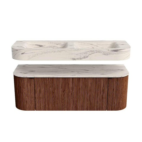 MONDIAZ THOR-DLUX 130cm meuble de salle de bains arrondi gauche + droite couleur Ruby avec 1 tiroir et 2 portes. Vasque suspendue CLOUD Double sans trou de robinet couleur Nata. SW1463876