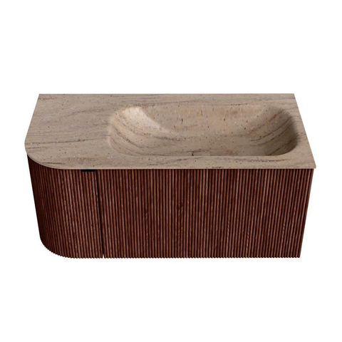 MONDIAZ KURVE-DLUX Meuble de salle de bains 95cm arrondi à gauche couleur Ruby avec 1 tiroir et 1 porte. Lavabo BIG SMALL droite sans trou de robinet Saba. SW1433443
