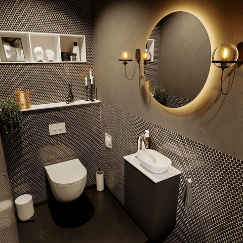 Mondiaz Fowy Meuble de toilette - 40x50x23cm - urban mat - 1 trou de robinet - lavabo à droite - 1 porte - solid surface - plan MDF - lavabo : blanc SW760836