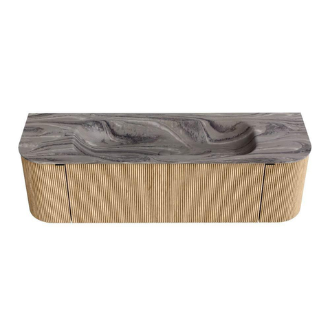MONDIAZ KURVE-DLUX Meuble de salle de bains 150cm arrondi Gauche + Droite couleur Chêne avec 1 tiroir et 2 portes. Lavabo BIG MEDIUM Central sans trou de robinet Sombra. SW1433562