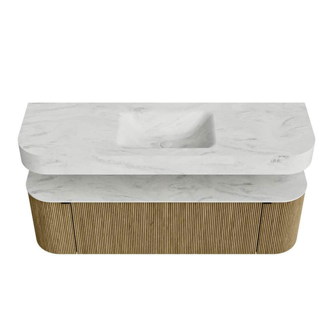 MONDIAZ THOR-DLUX 150cm meuble de salle de bains arrondi gauche + droite couleur Dusk avec 1 tiroir et 2 portes. Vasque suspendue CLOUD Milieu 1 trou de robinet couleur Opalo. SW1464524