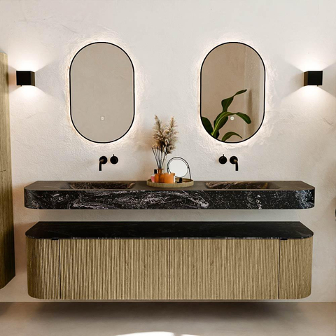 MONDIAZ THOR-DLUX 190cm meuble de salle de bains arrondi gauche + droite couleur Dusk avec 2 tiroirs et 2 portes. Vasque suspendue CLOUD Double sans trou de robinet couleur Lava. SW1466469