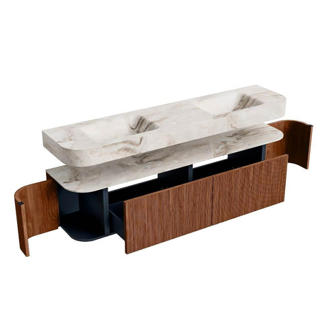 MONDIAZ THOR-DLUX Meuble de salle de bains 190cm arrondi gauche + droite couleur Ruby avec 2 tiroirs et 2 portes. Vasque suspendue CLOUD Double 2 trous de robinet couleur Frappe. SW1466501