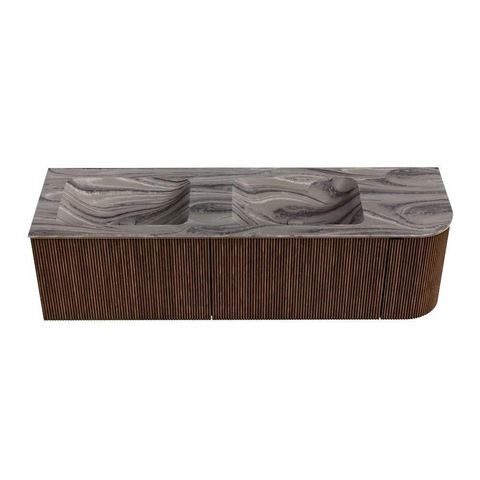 MONDIAZ KURVE-DLUX 155cm badmeubel ronding Rechts kleur Walnut met 2 lades en 1 deur. Wastafel LEAF Dubbel / Links zonder kraangat Sombra. SW1433698