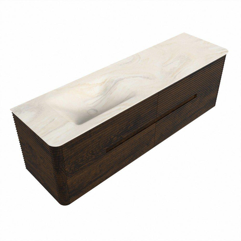 Mondiaz CIRO-DLUX Badkamermeubelset - 160x45x50cm - Solid surface wastafel Ostra - 1 wasbak Links - zonder kraangaten - 4 lades - Walnut SW1530486