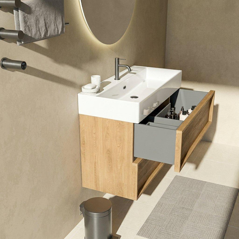 Saniclass Holz Frame Badkamermeubelset - 100x45x72cm - Legend keramische wastafel wit - 1 wasbak - 1 kraangat - 2 lades - mat eiken natural (hout) SW1579982