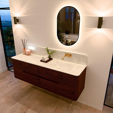 Mondiaz CIRO-DLUX Meuble de salle de bains - 160x45x50cm - Plan vasque solid surface Opalo - 1 lavabo à droite - sans trous de robinetterie - 4 tiroirs - Ruby SW1531693