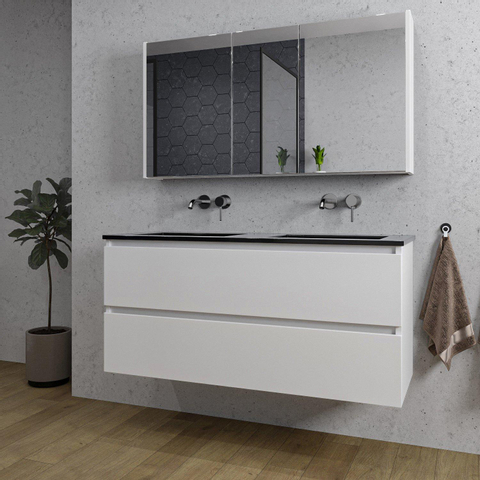 Saniclass Chaci Meuble de salle de bain - 120x46x55cm - lavabo en céramique noir - 2 vasques - sans trous de robinet - 2 tiroirs - armoire miroir - blanc mat SW856587