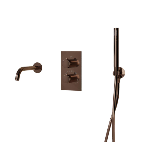 Fortifura Calvi Badkraan set - uitloop - 22cm inkortbaar - gladde slang - staafhanddouche - inbouwdeel - wandhouder - PVD - geborsteld koper SW1130184