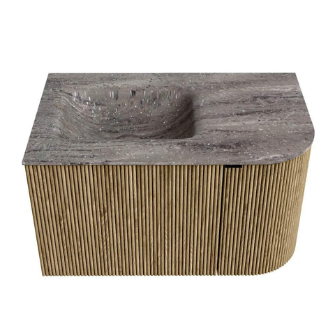 MONDIAZ KURVE-DLUX 75cm badmeubel ronding Rechts kleur Dusk met 1 lade en 1 deur. Wastafel GRUNNE Links zonder kraangat Oza. SW1432955