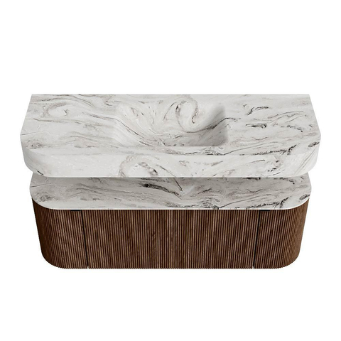 MONDIAZ THOR-DLUX 130cm meuble de salle de bains arrondi gauche + droite couleur Walnut avec 1 tiroir et 2 portes. Vasque suspendue CLOUD Milieu 1 trou de robinet couleur Glace. SW1463597