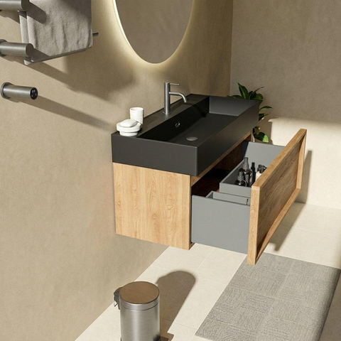 Saniclass Holz Frame Badkamermeubelset - 100x45x52cm - Legend keramische wastafel mat zwart - 1 wasbak - 1 kraangat - 1 lade - mat eiken natural (hout) SW1579689