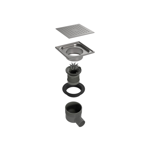 Easy Drain Aqua Plus Quattro siphon de sol avec finition en acier inoxydable avec grille en acier inoxydable et sortie latérale 15x15cm profondeur d’installation 73 106mm garde d’eau 50 à 25mm 2302712