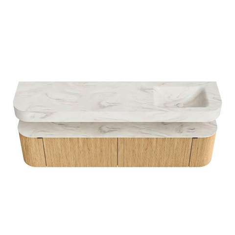 MONDIAZ THOR-DLUX 190cm badmeubel ronding links + rechts kleur Oak met 2 lades en 2 deuren. Vrijhangende wastafel CLOUD Rechts zonder kraangat kleur Ostra. SW1466398