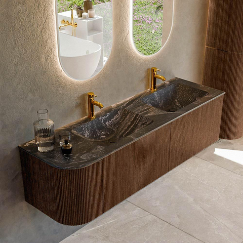 MONDIAZ KURVE-DLUX Meuble de salle de bains 155 cm avec module 25 L couleur Walnut avec 2 tiroirs et 1 porte. Lavabo LEAF double / à droite 2 trous de robinet couleur Lava. SW1137280