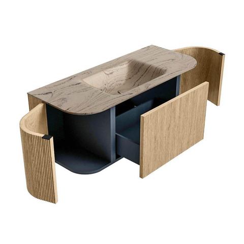 MONDIAZ KURVE-DLUX Meuble de salle de bains 110cm arrondi Gauche + Droite couleur Chêne avec 1 tiroir et 2 portes. Lavabo CLOUD Central 1 trou de robinet Arena. SW1431076