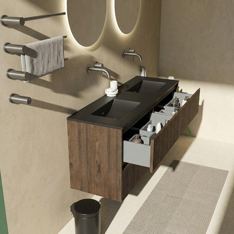 Saniclass Holz Atelier Ensemble meuble de salle de bains - 140x45x62cm - Vygo lavabo en céramique noir - 2 vasques - sans trous de robinetterie - 4 tiroirs - chêne charcoal mat (bois) SW1479000