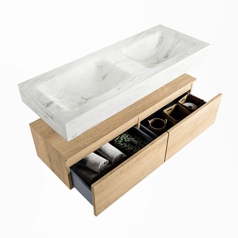 Mondiaz ALAN-DLUX Ensemble de meuble - 120cm - meuble Washed Oak mat - 2 tiroirs - Lavabo Cloud Opalo suspendu - vasque Gauche et droite - 0 trous de robinet SW808903