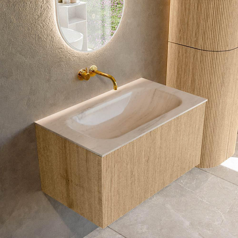 MONDIAZ KURVE-DLUX Meuble de salle de bains 80cm couleur Oak avec 1 tiroir et 0 porte. Lavabo BIG SMALL Central sans trou de robinet Meli. SW1431575