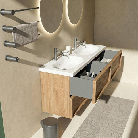 Saniclass Holz Frame Badkamermeubelset - 140x45x63.5cm - Palermo keramische wastafel wit - 2 wasbakken - 2 kraangaten - 4 lades - mat eiken natural (hout) SW1579724