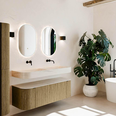 MONDIAZ THOR-DLUX 140cm meuble de salle de bains arrondi gauche + droite couleur Dusk avec 1 tiroir et 2 portes. Vasque suspendue CLOUD Double sans trou de robinet couleur Meli. SW1464422