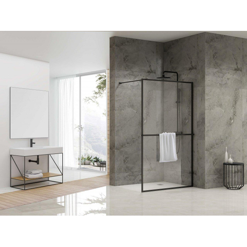 Van Rijn Products ST04 Vaste wand - 99.5x200cm - helder glas - dikte 8mm - incl. handdoekhouder incl. stabilisatiestang - 120cm - zwart mat - SHOWROOMMODEL SHOW25750