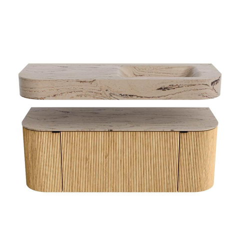 MONDIAZ THOR-DLUX 120cm badmeubel ronding links + rechts kleur Oak met 1 lade en 2 deuren. Vrijhangende wastafel CLOUD Rechts 1 kraangat kleur Arena. SW1463448