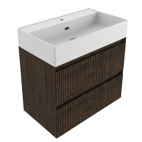 Saniclass Holz Atelier Ensemble de meubles de salle de bains - 80x45x60cm - lavabo en céramique blanc mat - 1 vasque - 1 trou de robinetterie - 2 tiroirs - chêne charcoal mat (bois) SW1579613