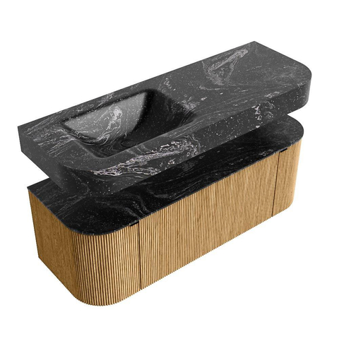 MONDIAZ THOR-DLUX 130cm badmeubel ronding links + rechts kleur Oak met 1 lade en 2 deuren. Vrijhangende wastafel CLOUD Links zonder kraangat kleur Lava. SW1463513
